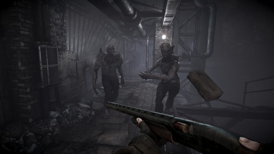 The player facing down two Brutes that are throwing bricks in Total Chaos