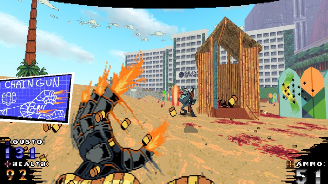 Wayne unloading his chaingun arm into a Killer Whale in Captain Wayne