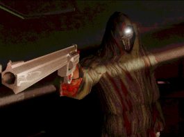 The protaganist of INCISION pointing a revolver at the camera