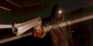 The protaganist of INCISION pointing a revolver at the camera