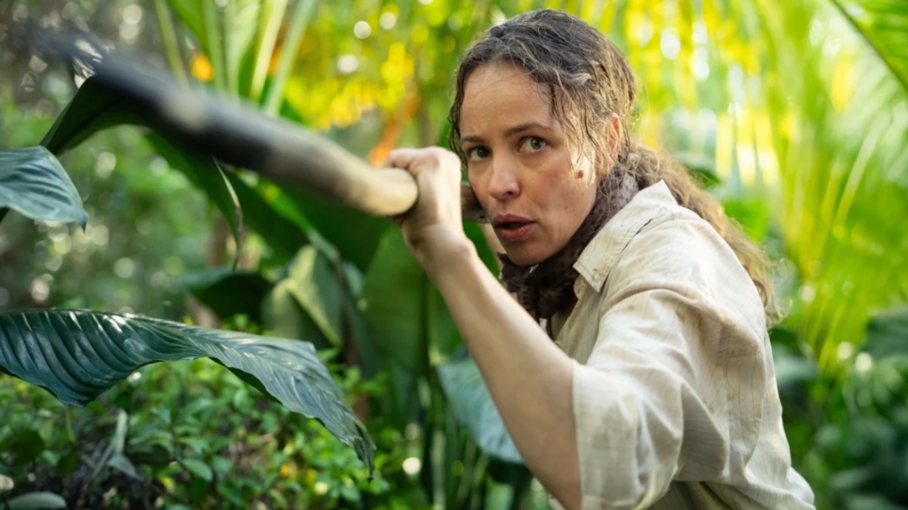 Rachel McAdams holding a spear in Send Help