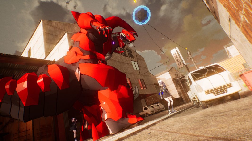 Reya facing down a robotic red dragon in MIGHTREYA