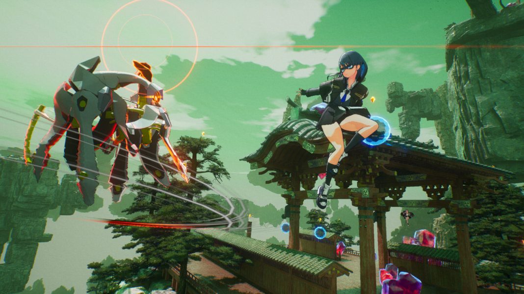 Reya winding up an attack against a flying robot in MIGHTREYA