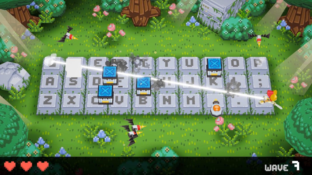 The player slashing through several box enemies in Keyboard Warrior