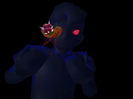 The protagonist with a grotesque eel erupting from their eye in TUMOR NECROSIS