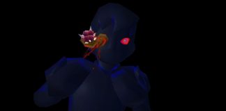 The protagonist with a grotesque eel erupting from their eye in TUMOR NECROSIS