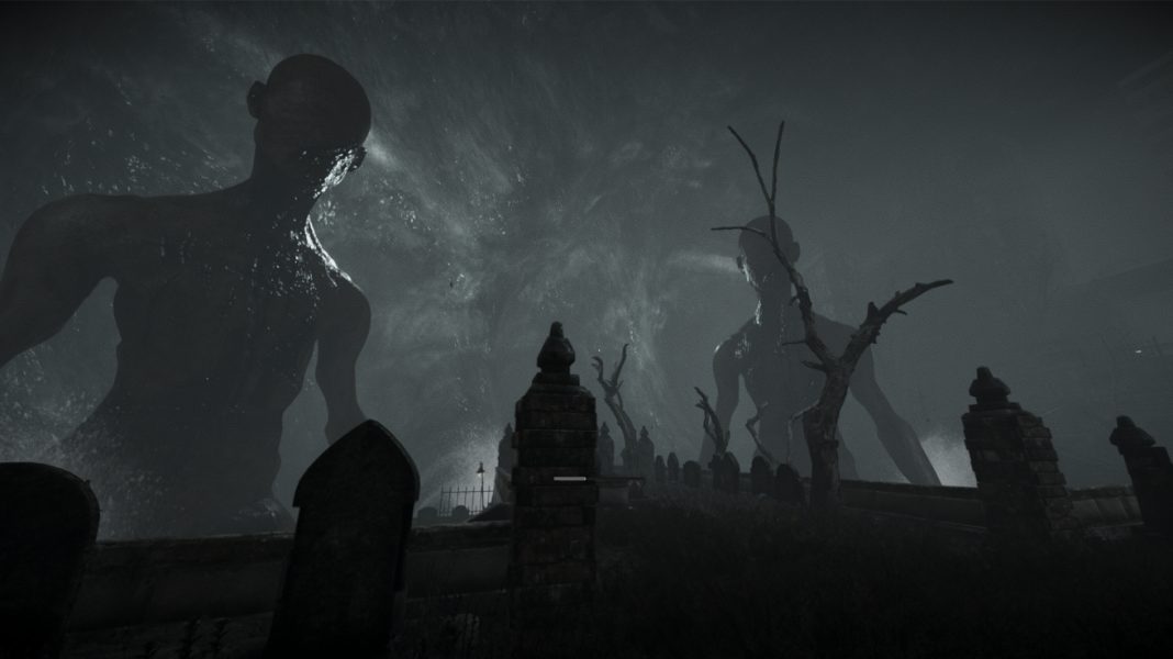 A pair of towering, faceless monsters staring down at the player in Total Chaos