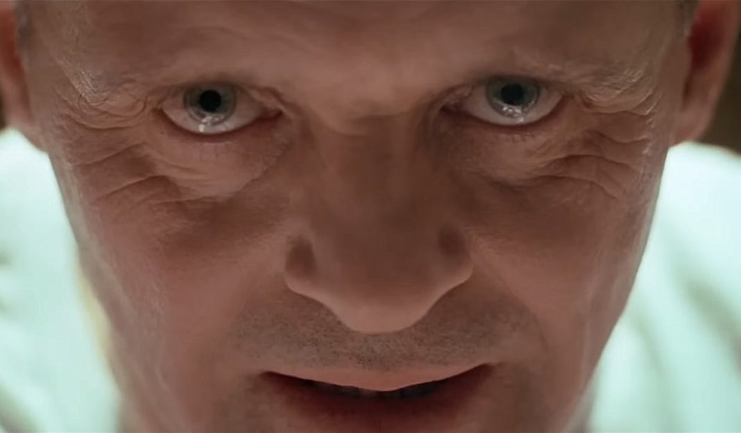 Hannibal Lecter (Anthony Hopkins) stars at the camera close-up in The Silence of the Lambs