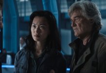Joe Tippett, Mari Yamamoto and Kurt Russell talk in a lab in Monarch Legacy of Monsters Season 2, Ep. 2 'Resonance'
