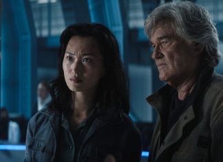 Joe Tippett, Mari Yamamoto and Kurt Russell talk in a lab in Monarch Legacy of Monsters Season 2, Ep. 2 'Resonance'