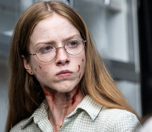 A bloody Sophia (Julia Doyle) looks angry in FROM Season 4, Episode 1