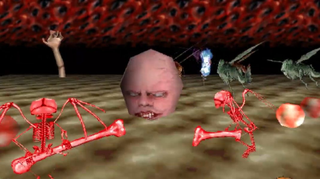 The player attacking a swarm of baby faces and locusts in PARANOIASCAPE