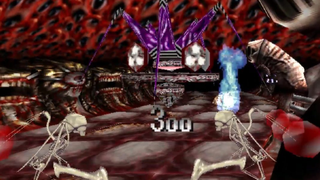 The player facing a monstrous carousel monster in a hallway of mouths and eyes in PARANOIASCAPE