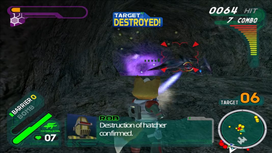 Fox fighting Aparoids and Hatchers in a small cave in Star Fox: Assault