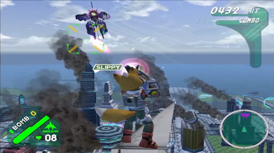 Fox taking on an Aparoid alongside Star Wolf in Star Fox: Assault