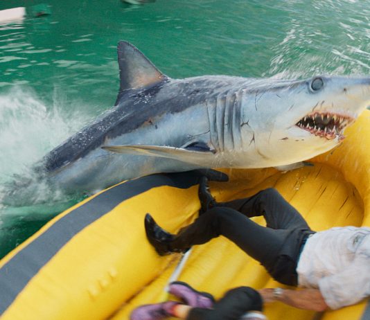 In a life raft, Aaron Eckhart's character fights off a shark in Deep Water
