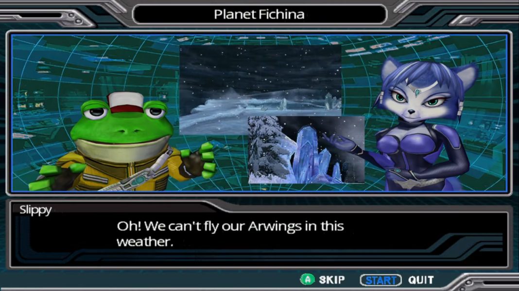 Slippy and Krystal organizing a mission on Planet Fichina in Star Fox: Assault