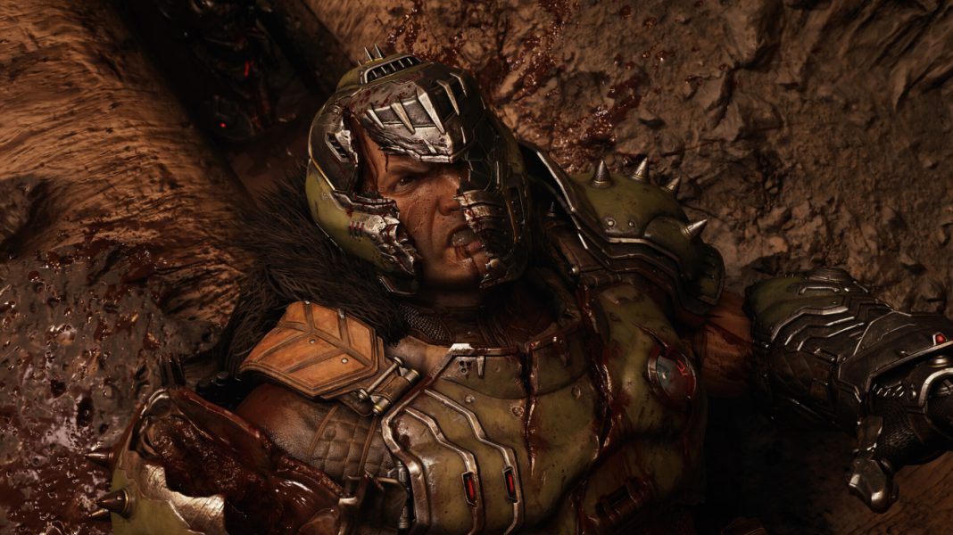 A battered Doom Slayer wearing broken armor in DOOM: The Dark Ages
