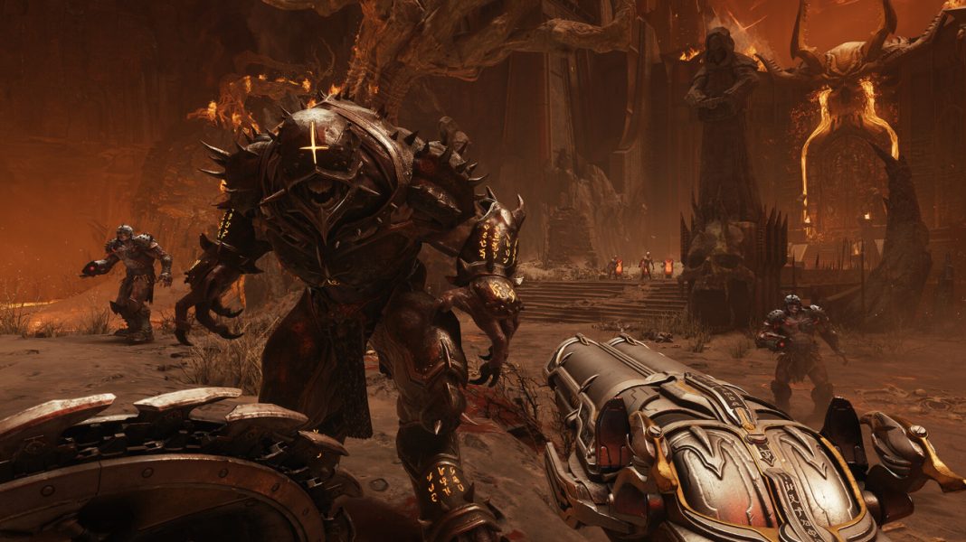 A heavily-armored demon approaching the Doom Slayer in DOOM: The Dark Ages