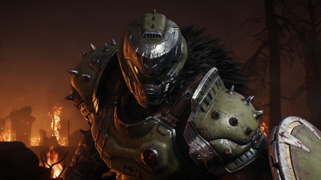 The Doom Slayer staring at the camera menacingly in DOOM: The Dark Ages