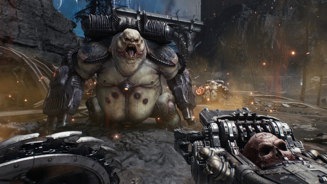 The Doom Slayer fighting a Mancubus with his shield in DOOM The Dark Ages