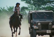 ‘Ninja Wars’ & ‘Roaring Fire’ Blu-ray Reviews: Arrow Films’ Toy Robot Video Explodes on the Scene A man on horseback rides next to a Jeep in Roaring Fire 1981