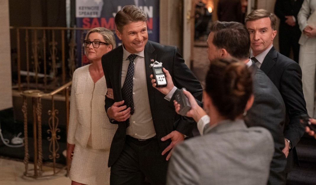 Congressman John Sampson (Marc Blucas) and his wife, Elsbeth, talk to the press in Reacher Season 4