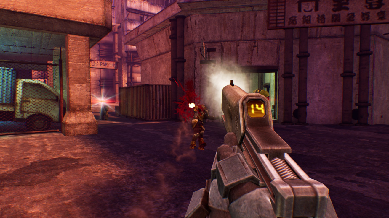 Five shooting an IMAGO-DEI cultist with a pistol in Sprawl Zero