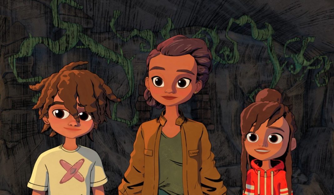 Russ (voiced by Andre Robinson), Sky (voiced by Lyric Lewis) and Pandora (voiced by Gabrielle Nevaeh) in CURSES! now streaming on Apple TV