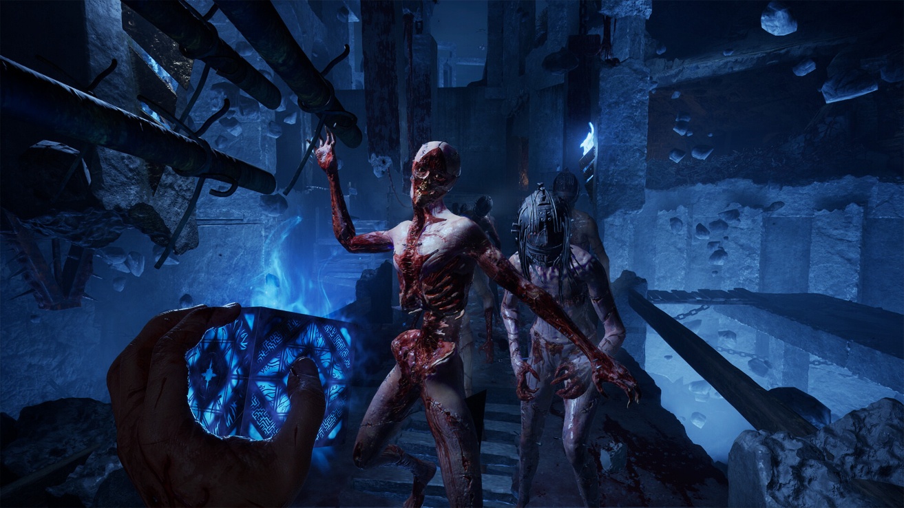 Aidan flinging spikes into a group of Unworthy in Hellraiser: Revival