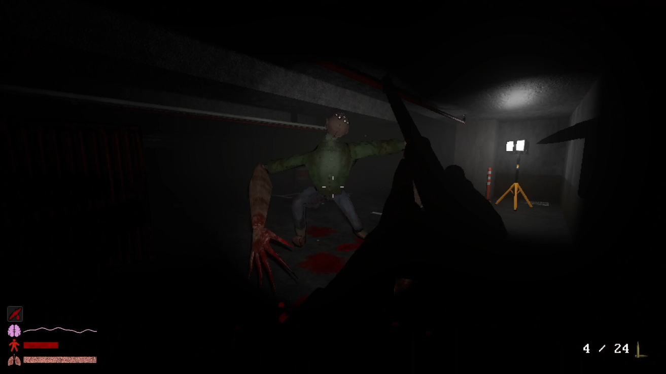 Battling a spider enemy in a parking garage in Hypnostasis