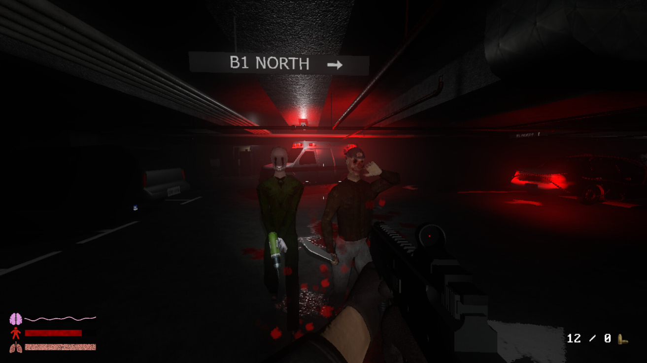 The player being attacked by terrifying monsters in a parking garage in Hypnostasis