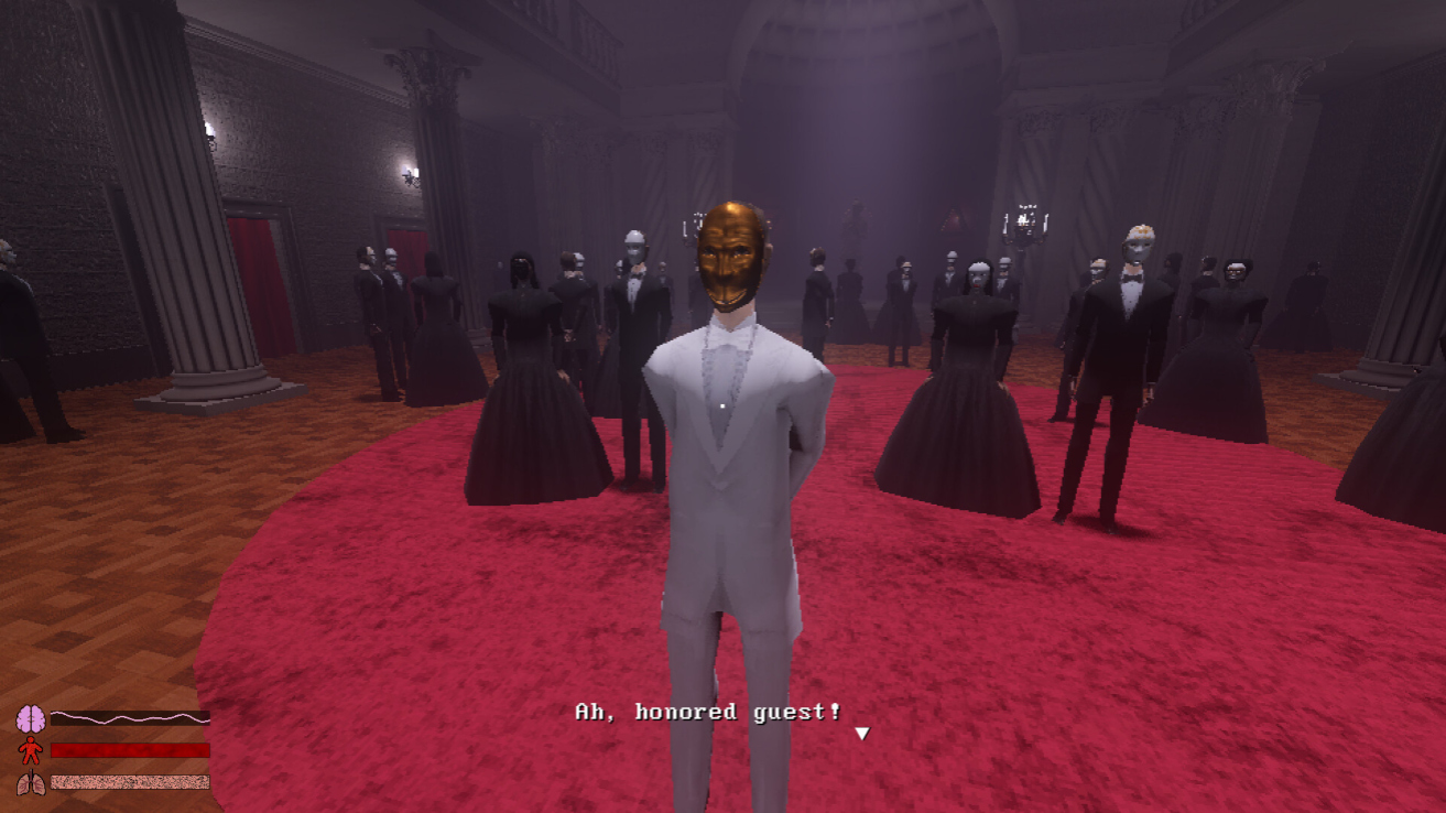 The player greeted by a partygoer in Hypnostasis
