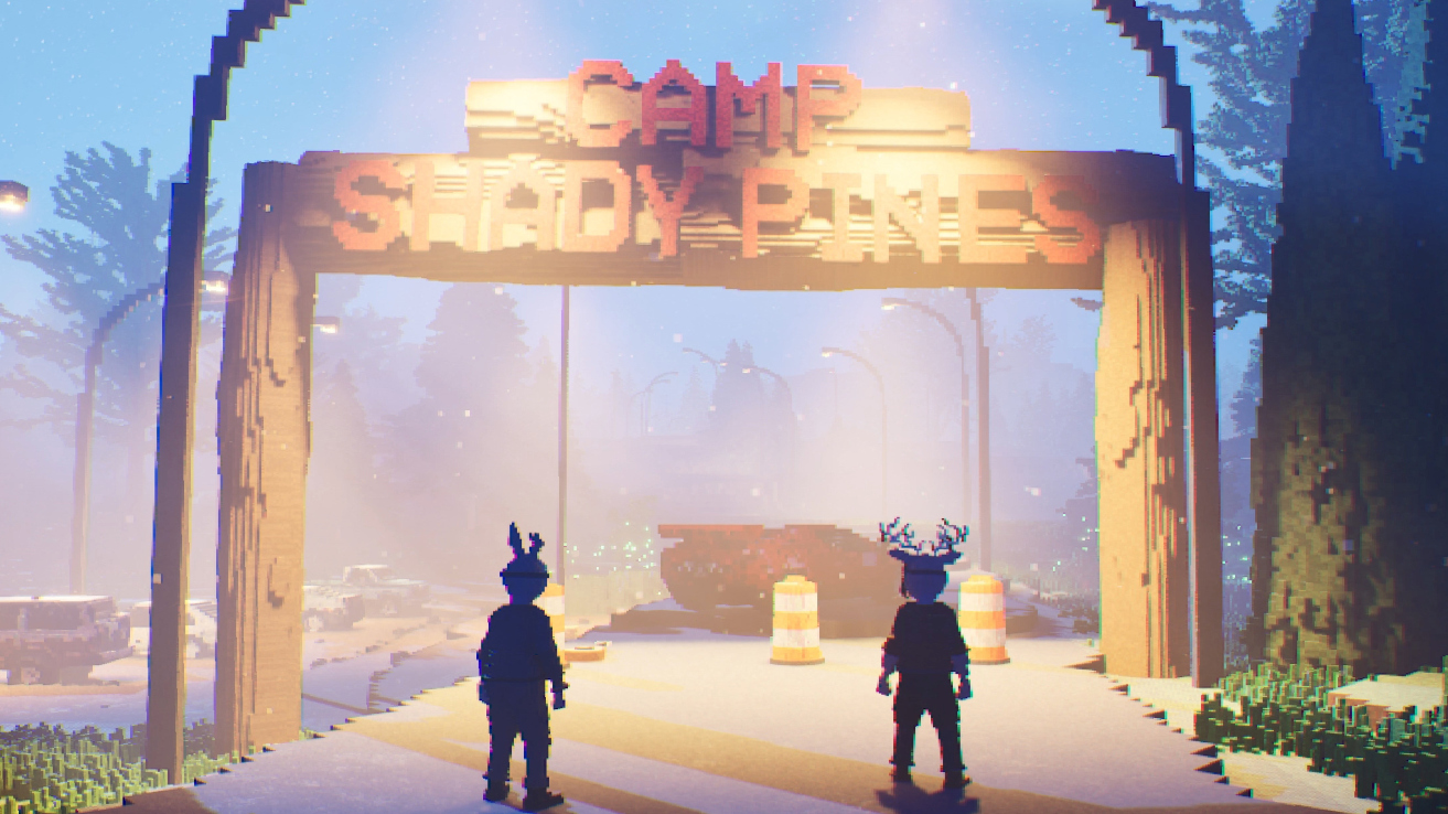 Two killers standing in front of Camp Shady Pines in Gone Feral
