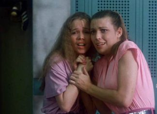 Vanna White (right) and Karen Abbott (left) in a scene from the 1981 slasher horror film Graduation Day