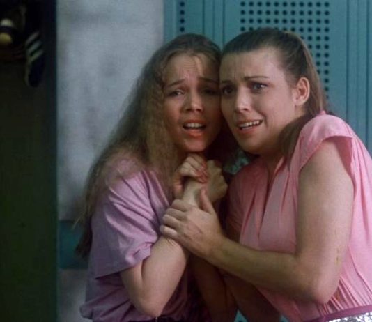 Vanna White (right) and Karen Abbott (left) in a scene from the 1981 slasher horror film Graduation Day